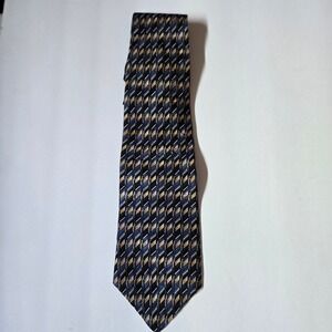 Puritan Mens Silk Tie Blue Gold Black Geometric Pattern Formal Business